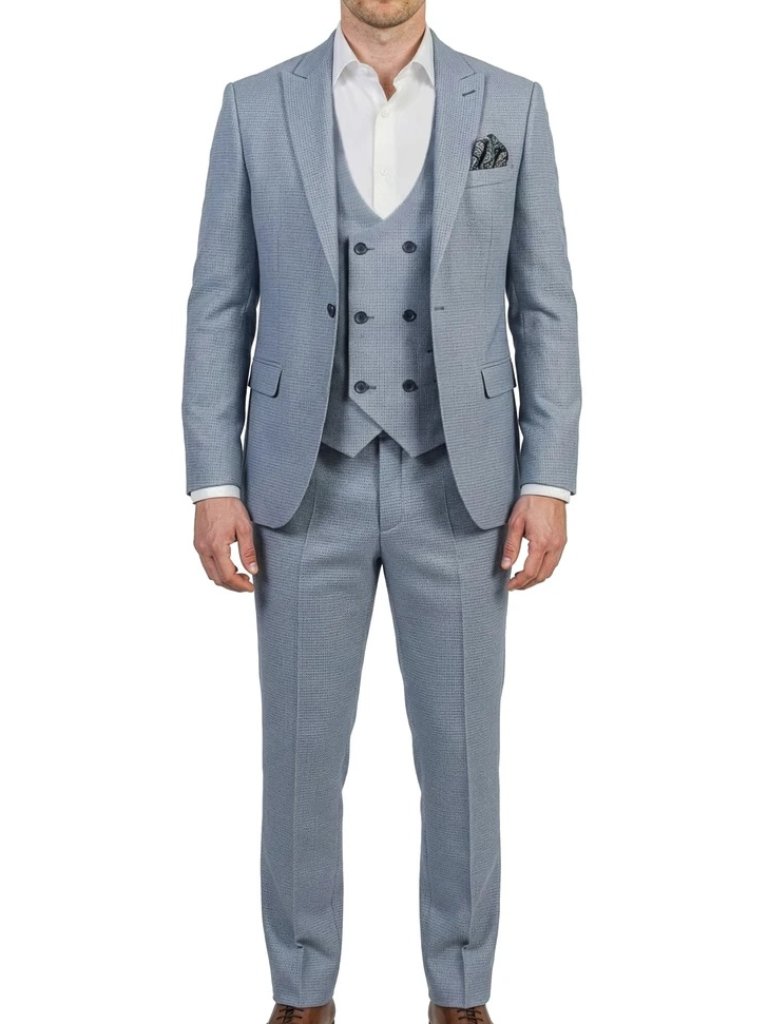 Blue Birdseye Double Breasted Vest Peak Lapel 3 Piece Skinny Fit Men's Suit
